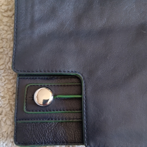 Banana Republic Flap Clutch Bag Navy Blue leather Green Piping purse - Picture 4 of 10